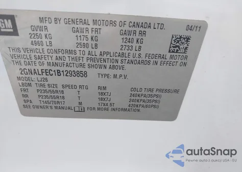 2011 Chevrolet Equinox Ltz z USA, uszkodzony, nr VIN 2GNALFEC1B1293858